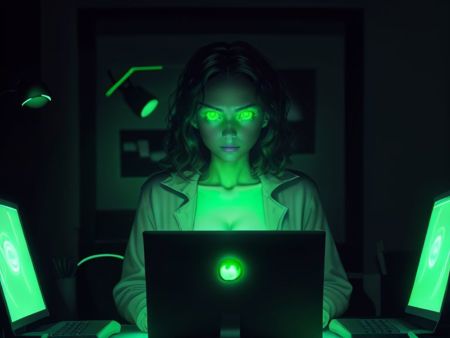 00023-3850201356-1 woman, 4k, UHD, absurdres, StareWare,_ looking at screen, desktop computer, dark room, lit by screen, soft glow, green [glowin.jpeg